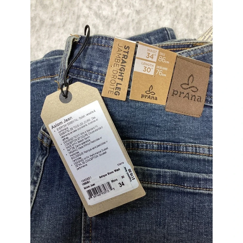 Prana Axiom Jean Mens34x30 Antique Stone Wash Straight Leg Organic Cotton Denim